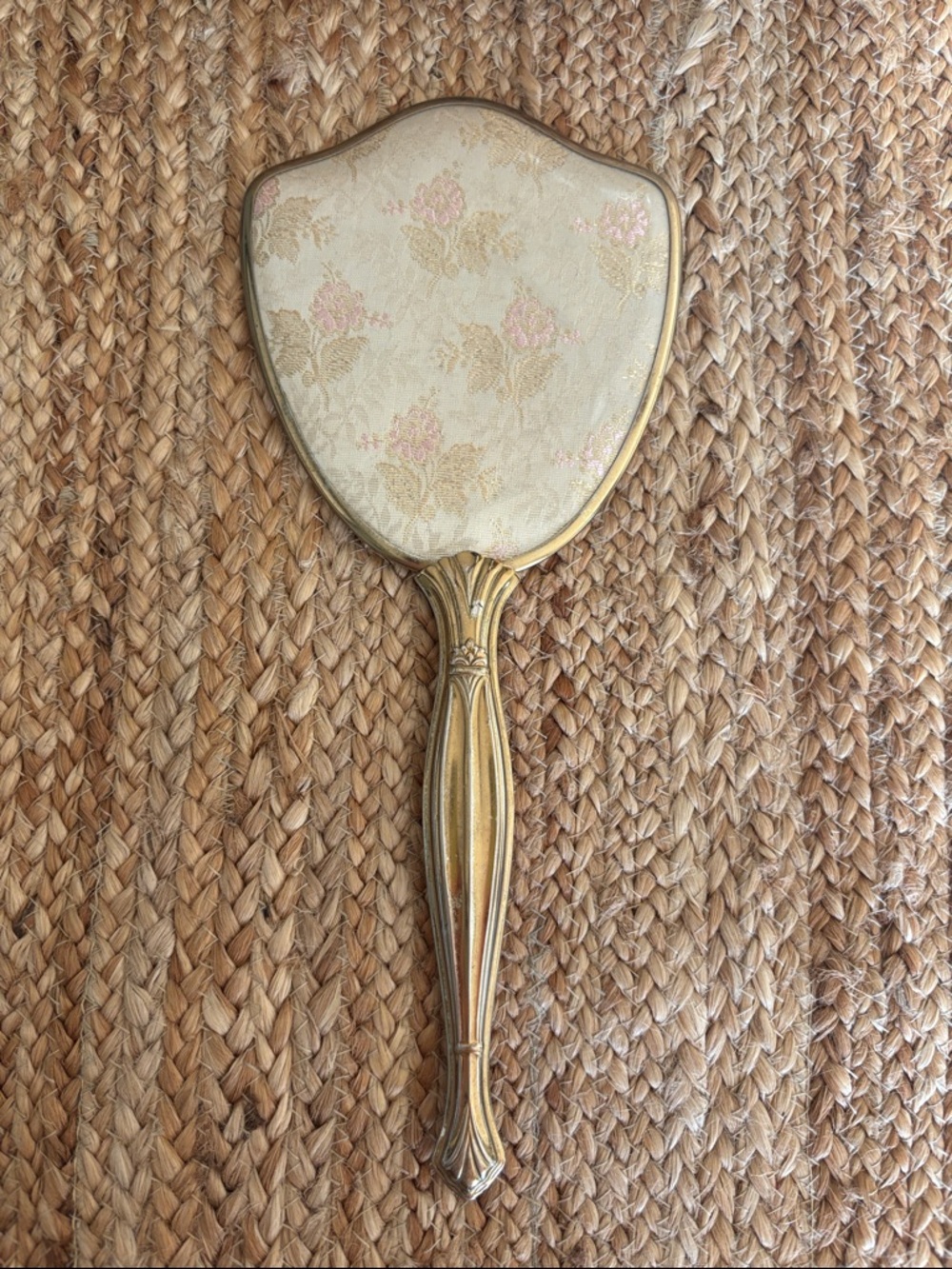 VTG gold vanity mirror with cream and pink floral fabric backing